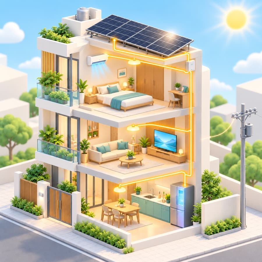 Nhà có pin mặt trời trên mái lúc ban ngày, điện chạy thẳng vào thiết bị trong nhà