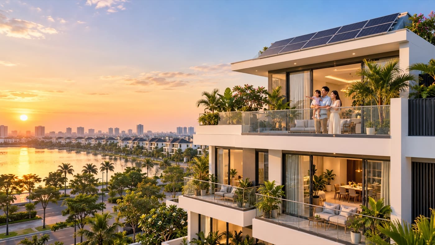 Nhà phố hiện đại có pin mặt trời trên mái lúc hoàng hôn
