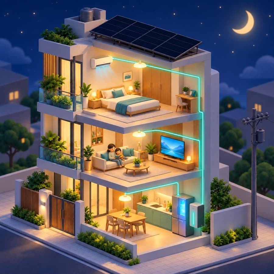 Nhà sáng đèn ban đêm nhờ pin lưu trữ cạnh tường